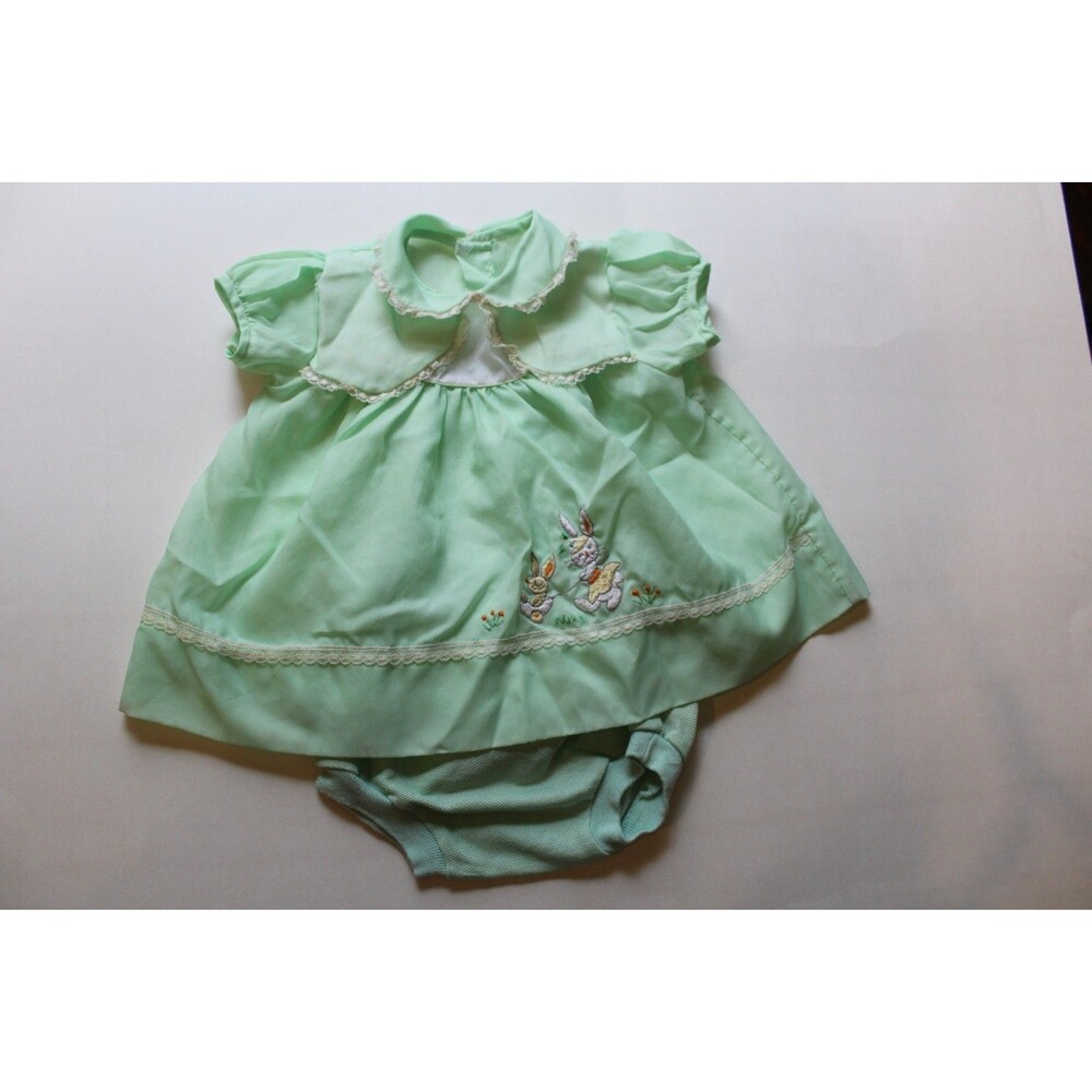 Vintage Mint Green Baby Dress and Bloomers Embroidered Bunny 6-9M